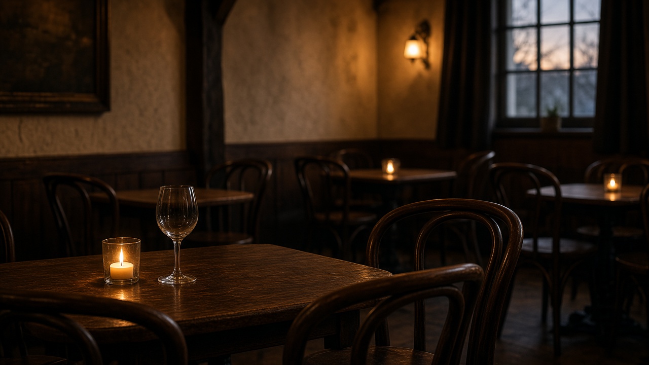 A low-lit dining room with a set table and warm light.
