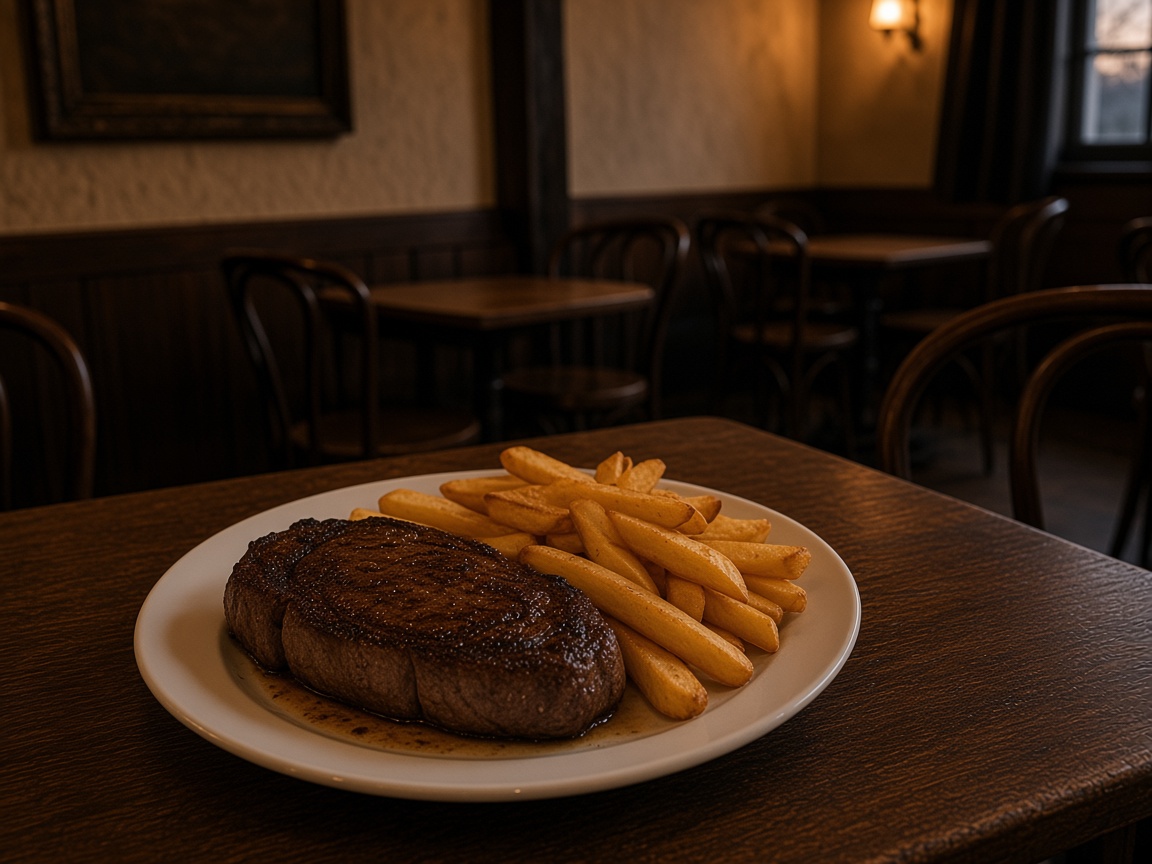 A steak and chips on a plate at a pub table.